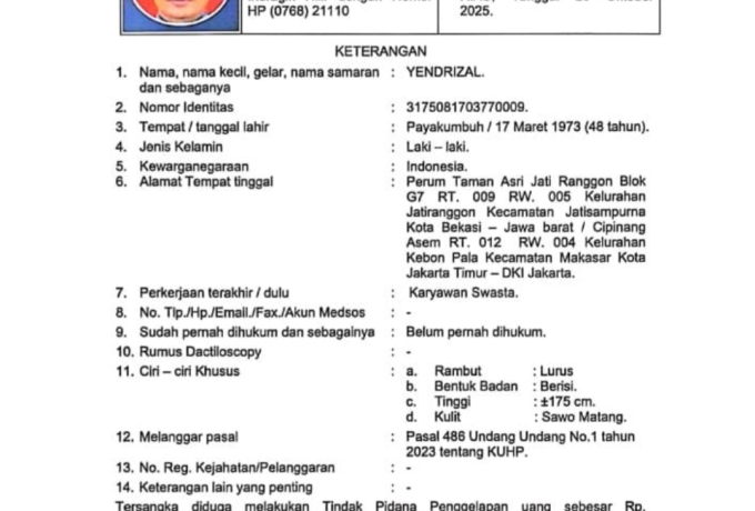 Polres Inhil Tangani Kasus Dugaan Penipuan dan Penggelapan Rp160 Juta, Yendrizal Ditetapkan DPO